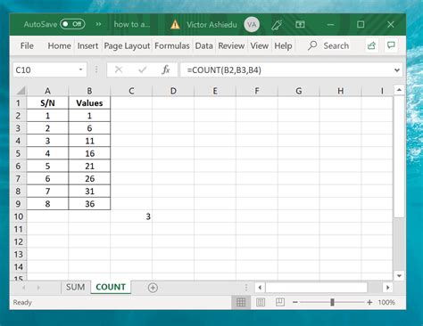 how to include count in excel