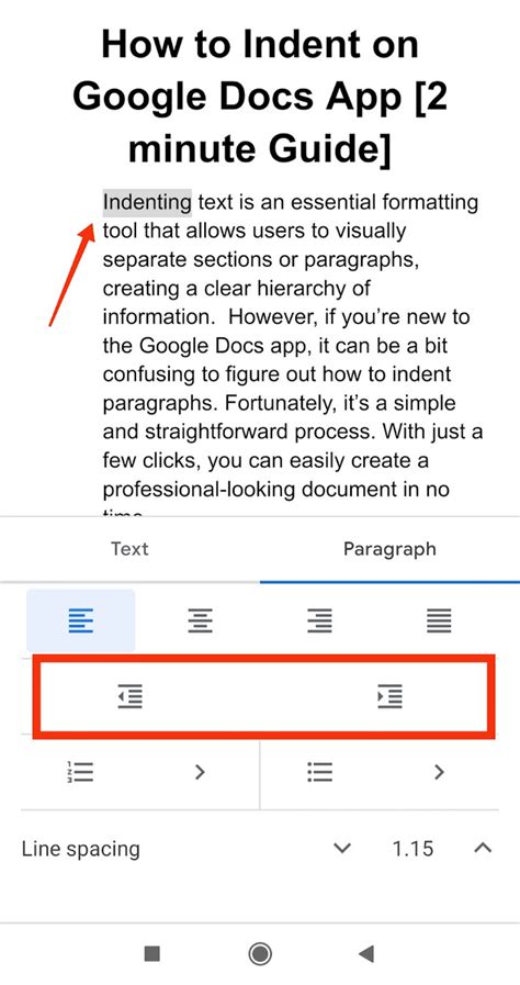 how to indent on docs mobile