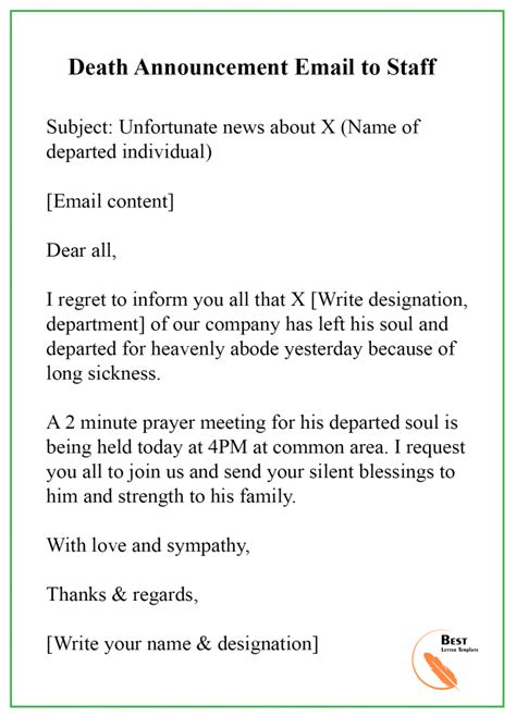 how to inform death message to boss sample email