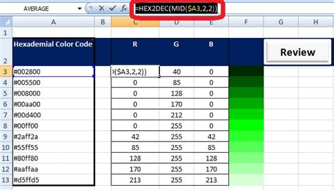 how to input hex code in excel