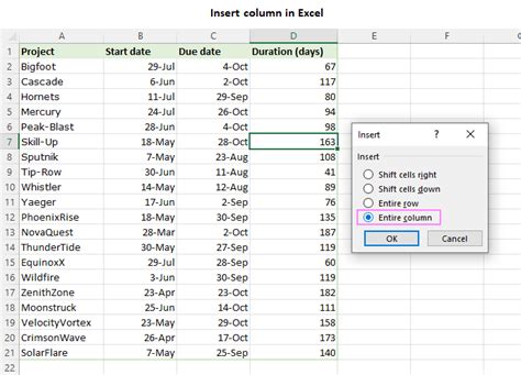 how to insert a column in excel spreadsheet