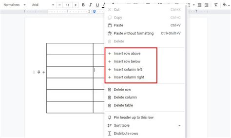 how to insert a row into a table in google docs