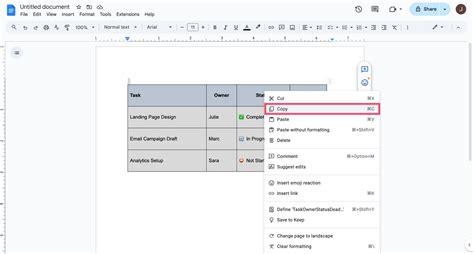 how to insert a table into a table in google docs