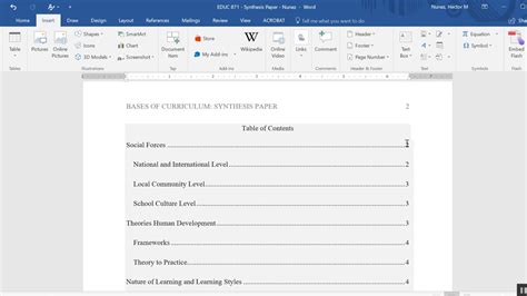 how to insert a table of contents in word apa format