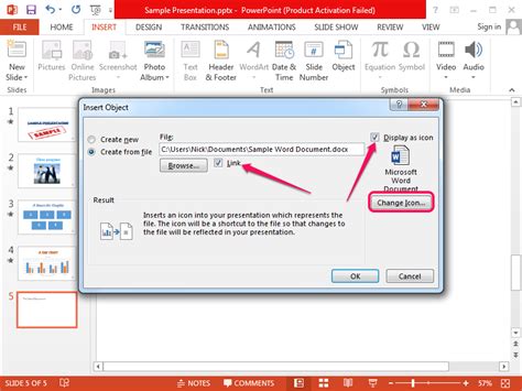 how to insert a word document link in powerpoint