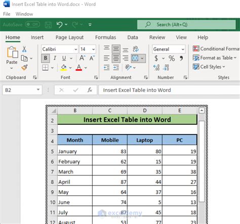 how to insert an existing excel table into word