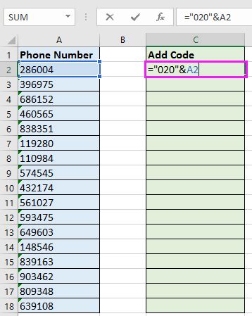 how to insert area code in excel