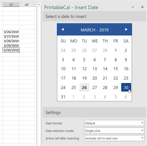 how to insert calendar in excel cell without date picker