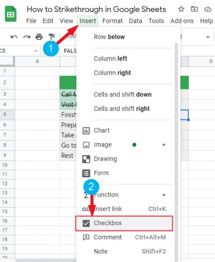 how to insert checkbox in google sheets with strikethrough