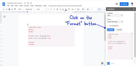 how to insert code block in google docs
