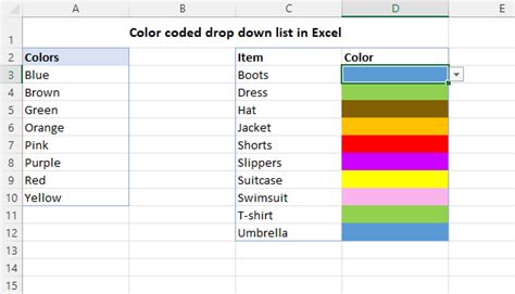 how to insert color code drop down list in excel