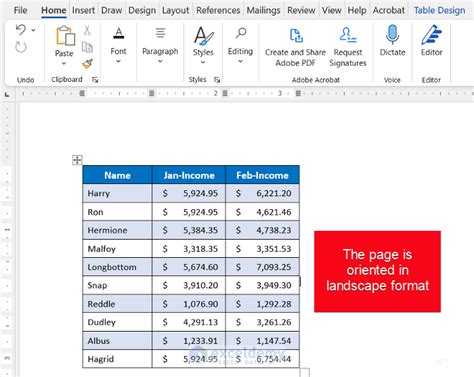 how to insert excel table into word landscape