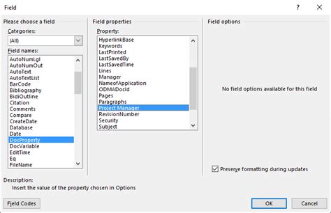 how to insert field in word