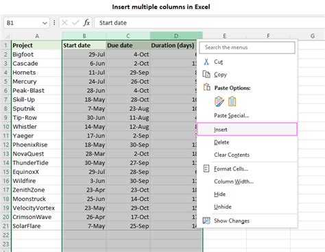 how to insert multiple columns in excel between data