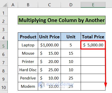 how to insert multiplication formula in excel for entire row