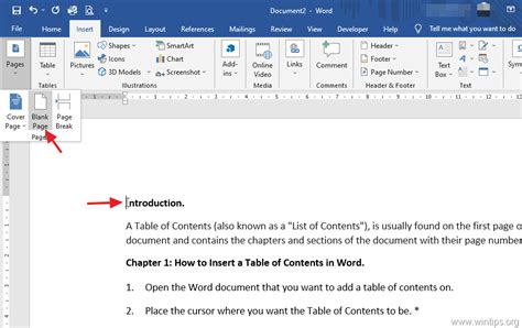 how to insert table of contents in word