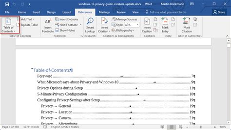 how to insert table of contents in word 2016
