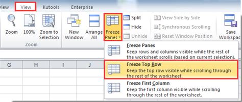 how to keep row in excel at top