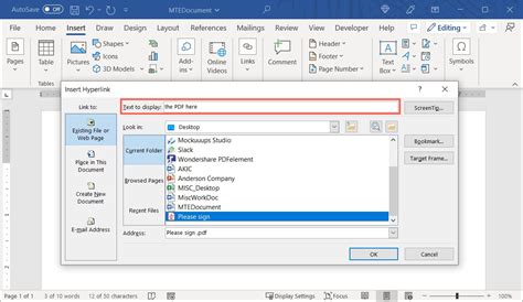 how to link a pdf file in word