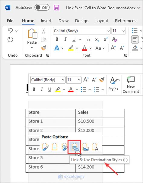 how to link a word document to an excel cell