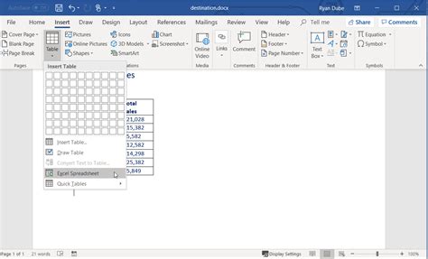 how to link an excel table to a word document