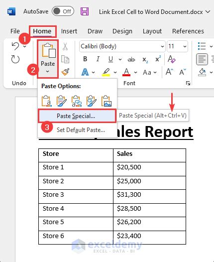 how to link excel chart to word