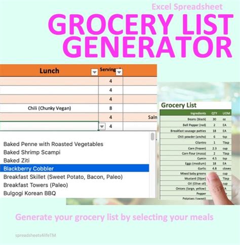 how to make a grocery list generator in excel