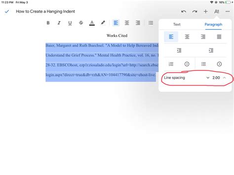 how to make a hanging indent in google docs ipad