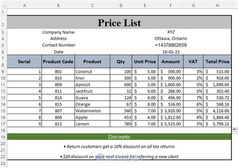 how to make a price list in excel