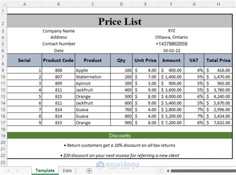 how to make a price sheet in excel