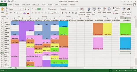 how to make a study timetable in excel