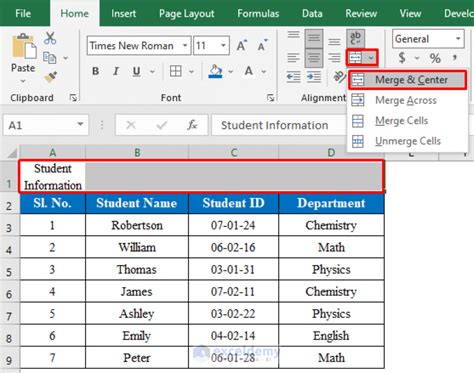 how to make a table in excel with a title