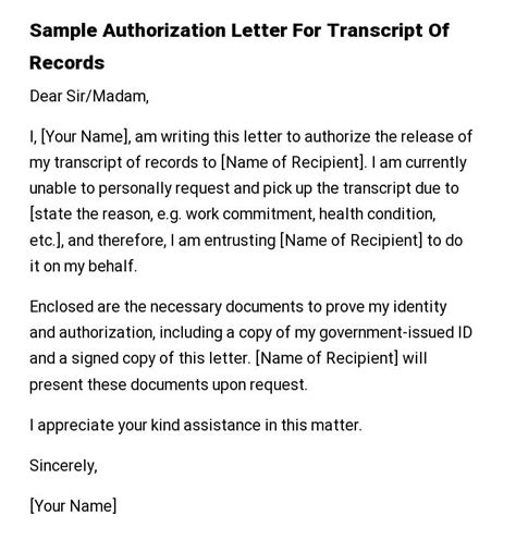 how to make an authorization letter to claim transcript of records