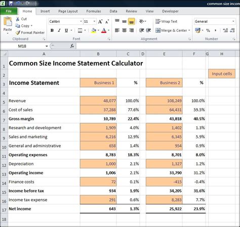how to make common size income statement in excel