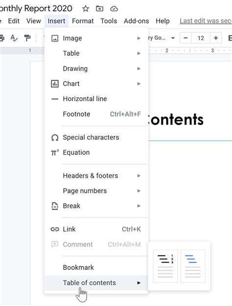 how to make content page in google docs