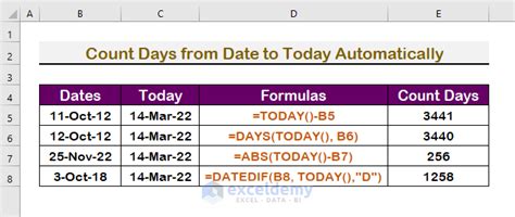 how to make excel automatically count days from a specific date
