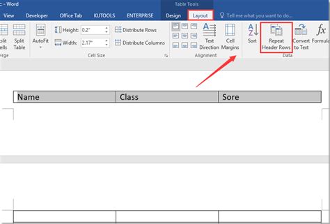 how to make first row as header in word table