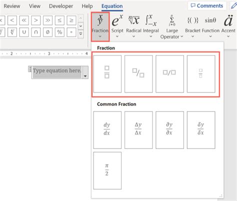 how to make fraction format in word