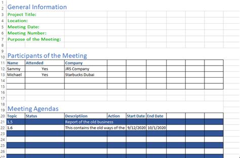 how to make minutes of meeting in excel