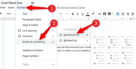how to make number list in google docs