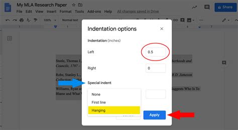 how to make reference list hanging in google docs