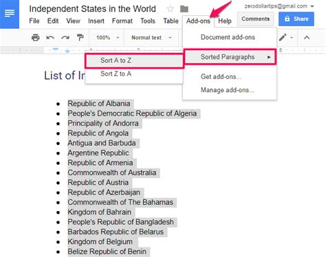 how to make reference list in alphabetical order in google docs