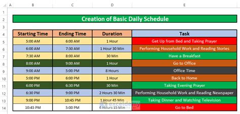how to make time table for daily routine in excel