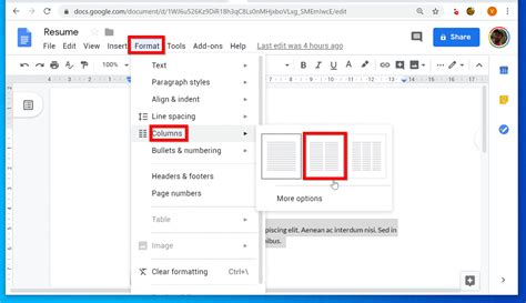 how to make two columns in google docs