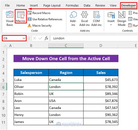 how to move cursor down one cell in excel