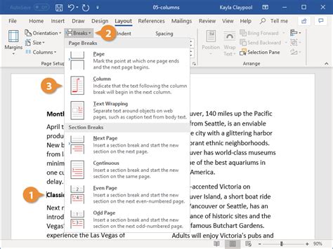 how to move cursor to next column in word