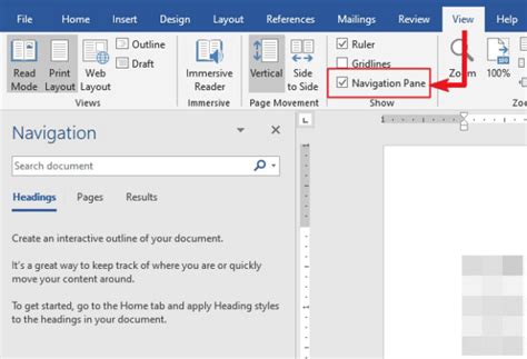 how to open navigation tab in word