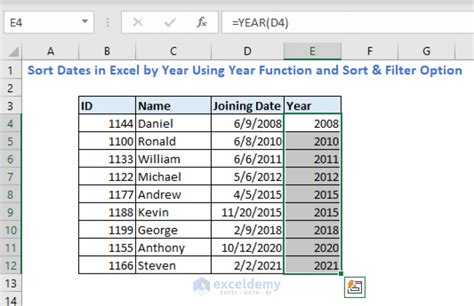 how to organize dates by year in excel