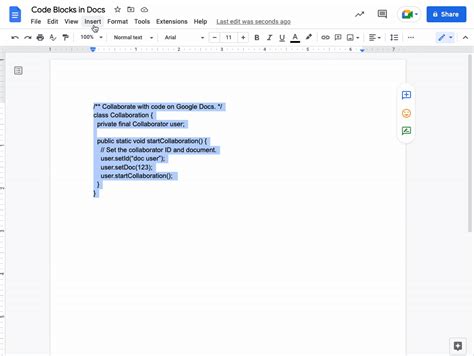how to paste code block in google docs