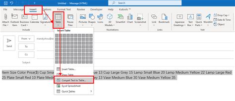 how to paste excel table in outlook email body